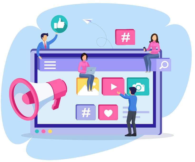 Illustration of little people assembling a web page on top of a big computer screen