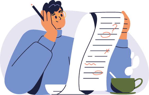 illustration of man with coffee cup holding up a scroll of paper.